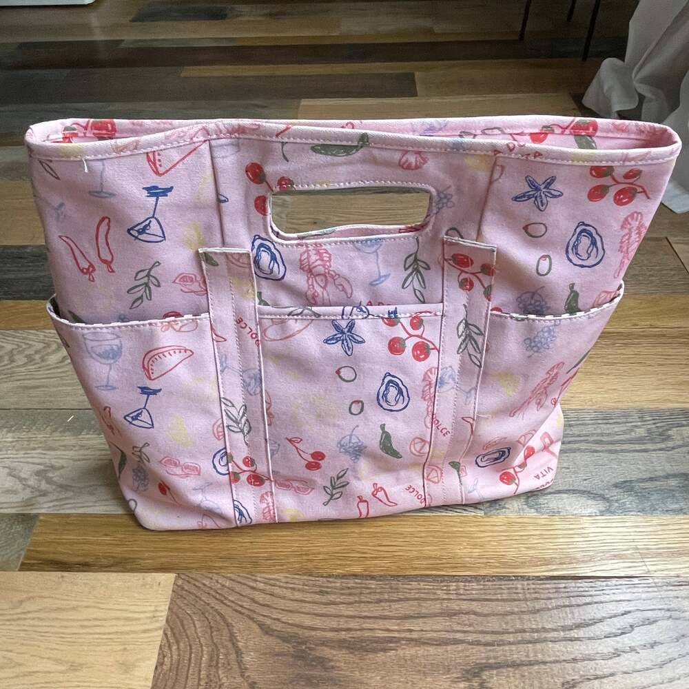 C&C California La Dolce Vita Pink Canvas Tote Bag Food Print Organizer